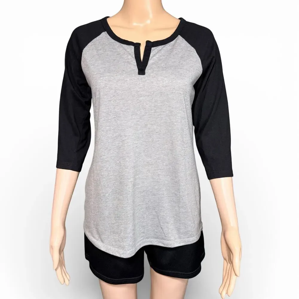 Athletic Works Womens T Shirt Top Sporty Raglan Sleeve Baseball T Gray Black Sm